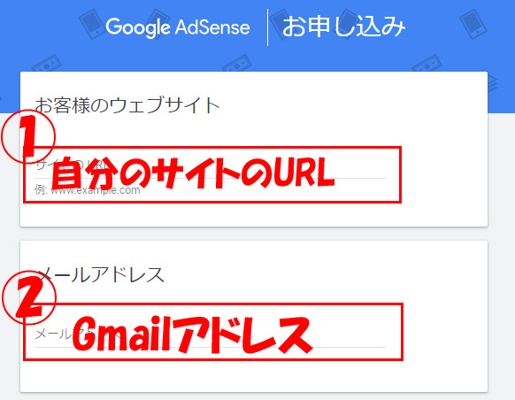 サイトURLとGmailアドレスの入力